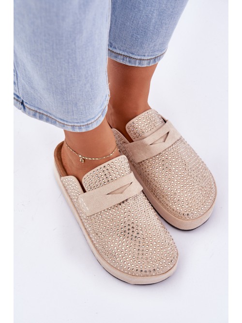 Women's sandals decorated with rhinestones on a platform beige Deorani