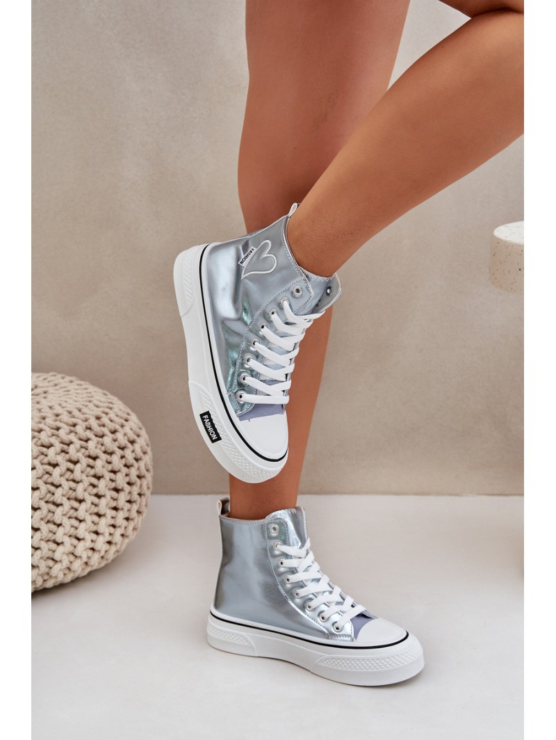 Metallic High Top Sneakers Women's With Heart Blue Sumehra