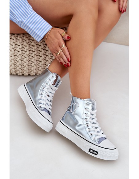 Metallic High Top Sneakers Women's With Heart Blue Sumehra