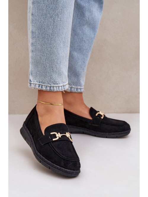 Openwork loafers with golden detail and jute black Lainer