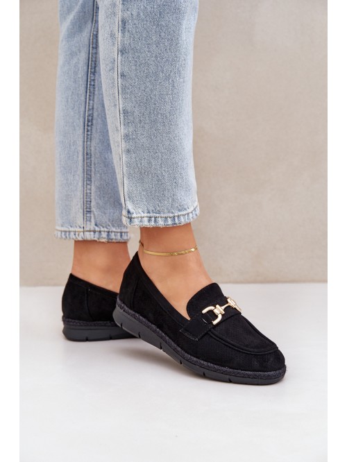 Openwork loafers with golden detail and jute black Lainer 2
