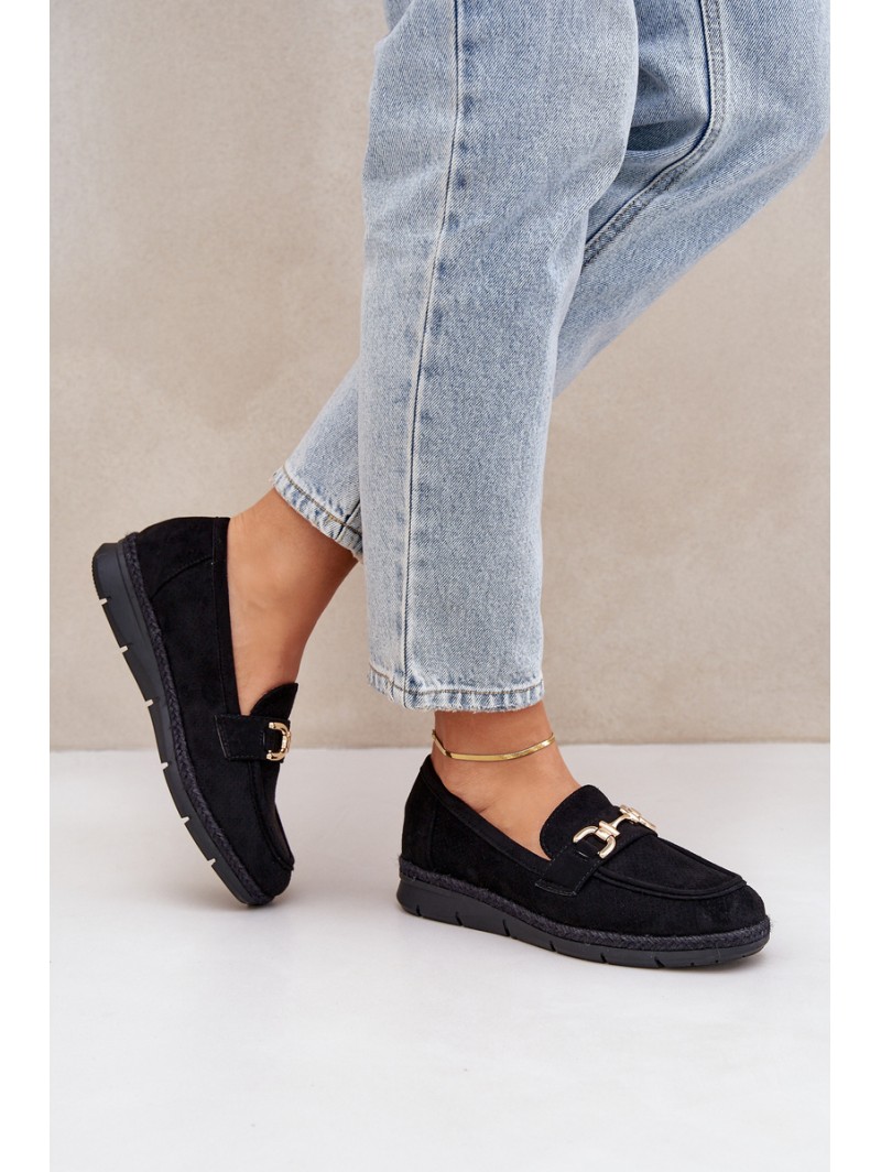 Openwork loafers with golden detail and jute black Lainer