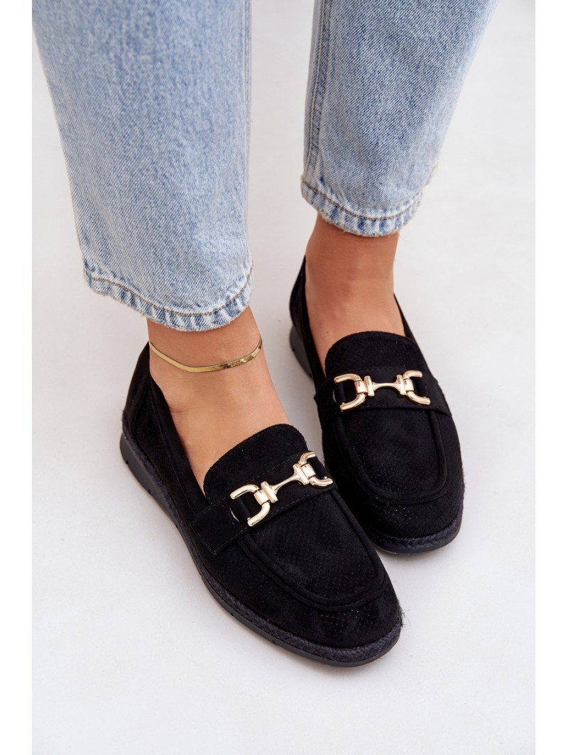 Openwork loafers with golden detail and jute black Lainer