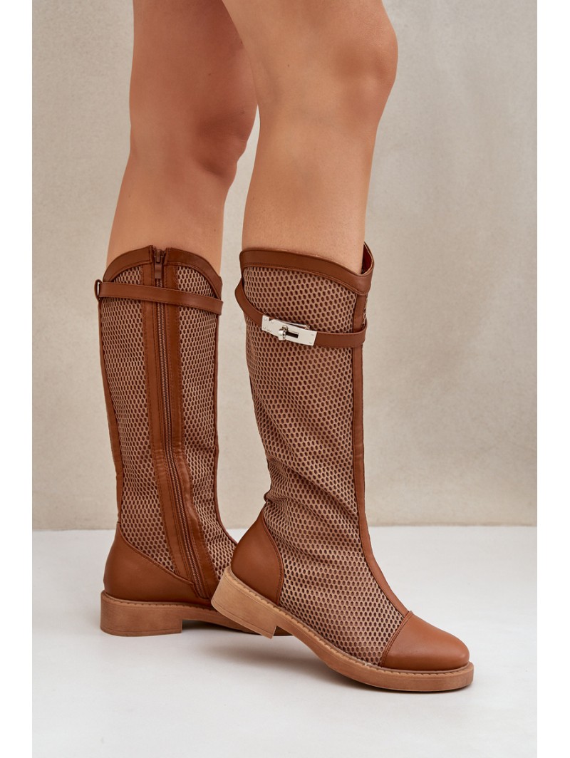 Mesh Boots On Flat Heel To Half Calf Brown Asgerda