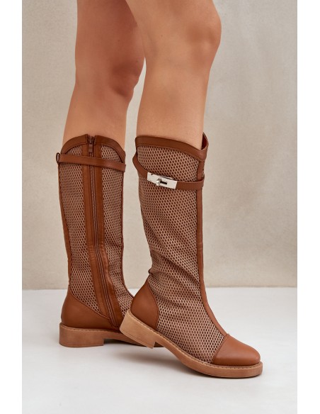 Mesh Boots On Flat Heel To Half Calf Brown Asgerda