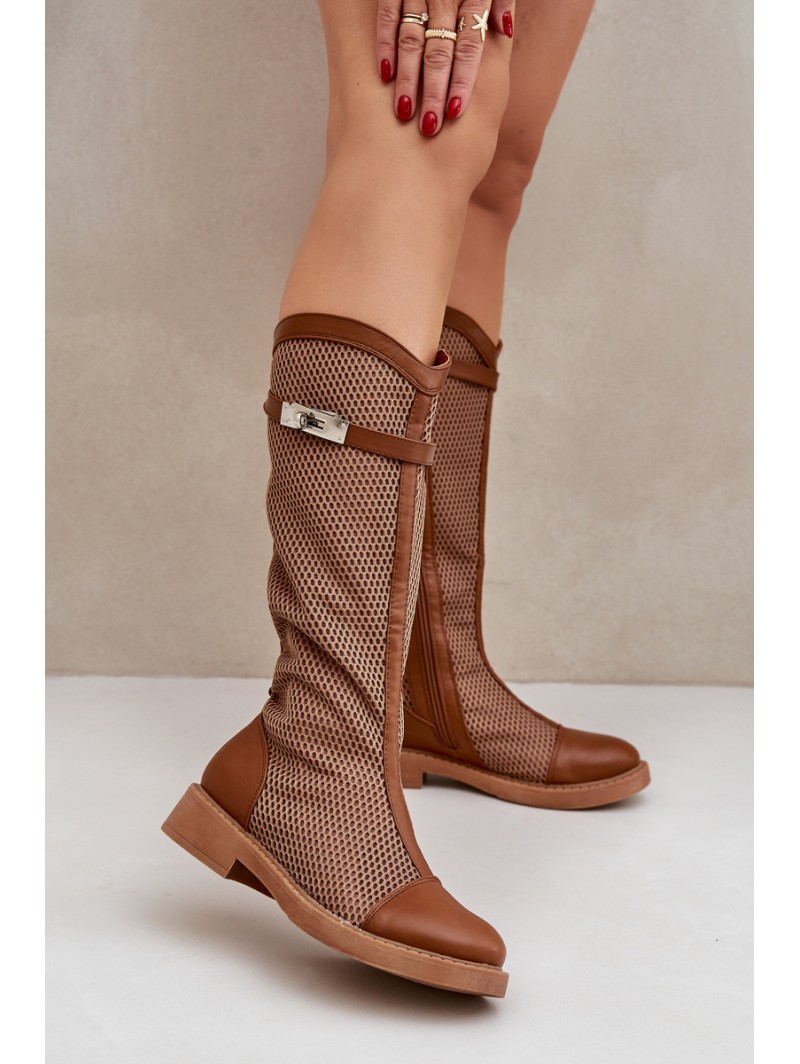 Mesh Boots On Flat Heel To Half Calf Brown Asgerda