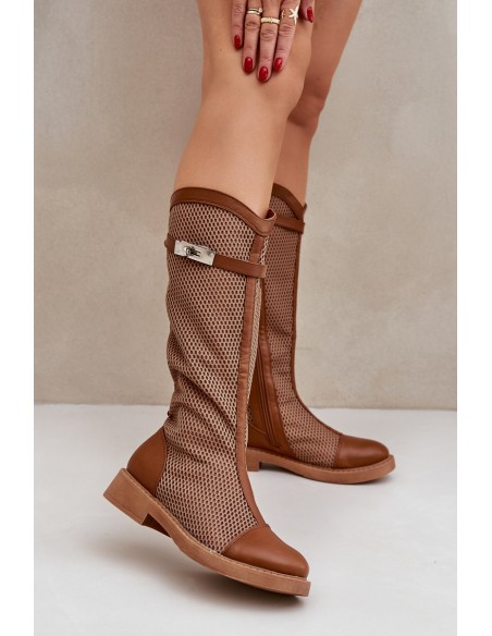 Mesh Boots On Flat Heel To Half Calf Brown Asgerda