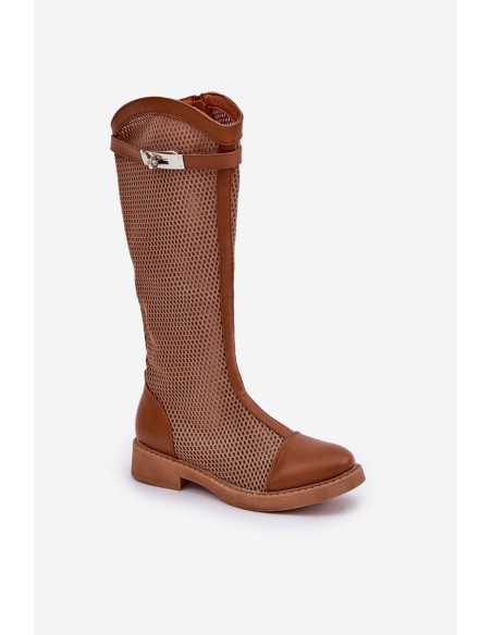 Mesh Boots On Flat Heel To Half Calf Brown Asgerda