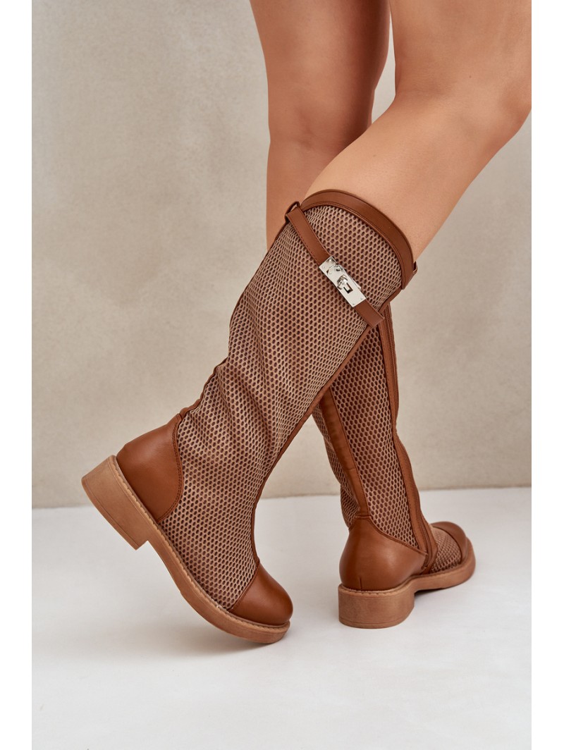 Mesh Boots On Flat Heel To Half Calf Brown Asgerda