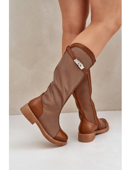 Mesh Boots On Flat Heel To Half Calf Brown Asgerda