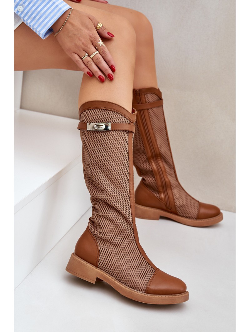 Mesh Boots On Flat Heel To Half Calf Brown Asgerda