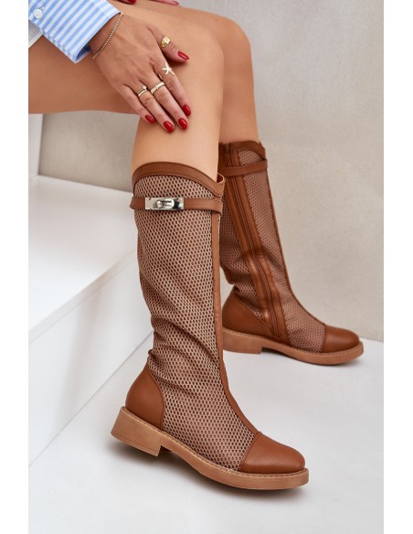 Mesh Boots On Flat Heel To Half Calf Brown Asgerda