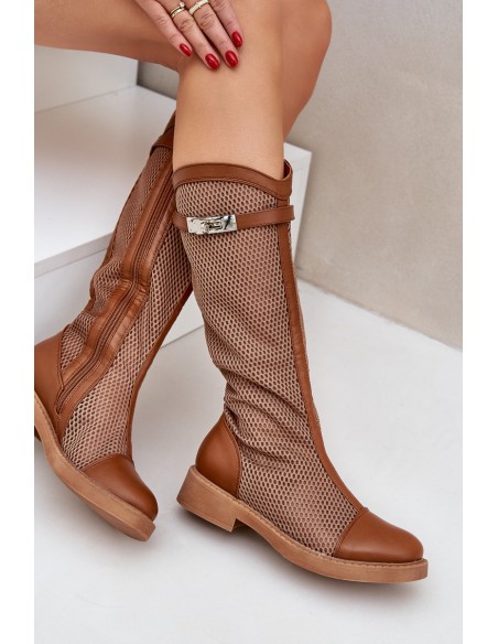 Mesh Boots On Flat Heel To Half Calf Brown Asgerda