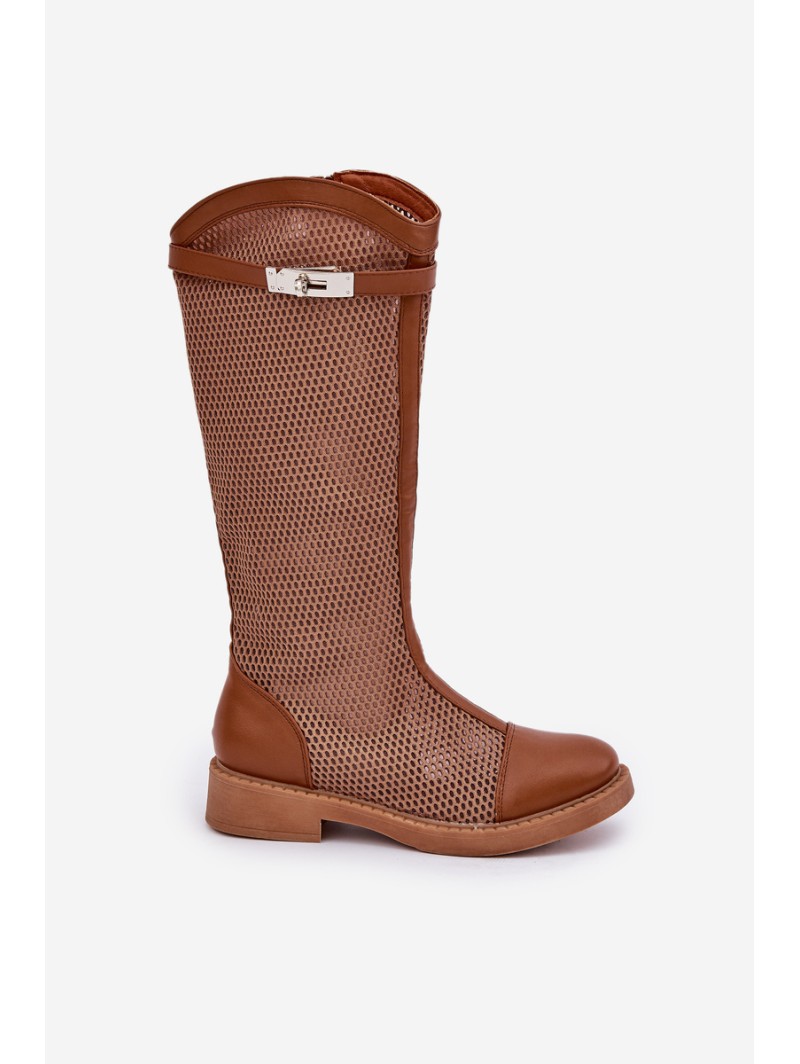 Mesh Boots On Flat Heel To Half Calf Brown Asgerda
