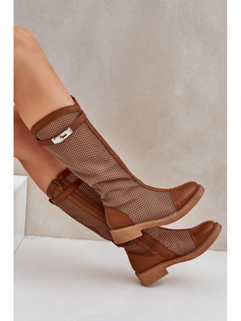 Mesh Boots On Flat Heel To Half Calf Brown Asgerda