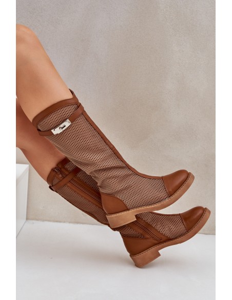 Mesh Boots On Flat Heel To Half Calf Brown Asgerda