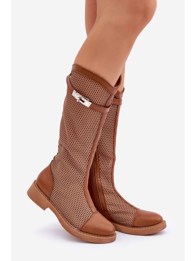 Mesh Boots On Flat Heel To Half Calf Brown Asgerda