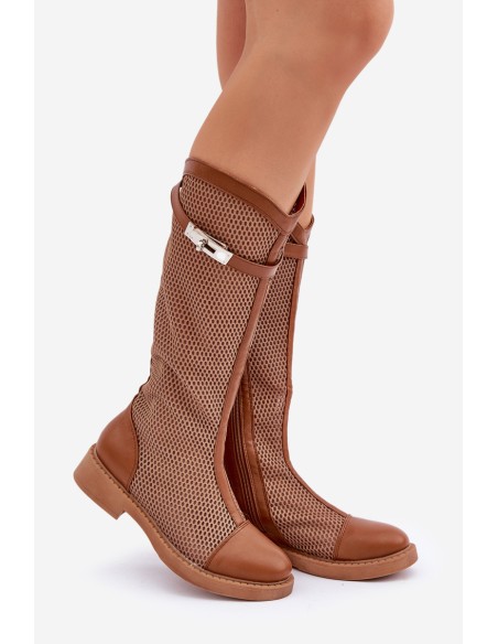 Mesh Boots On Flat Heel To Half Calf Brown Asgerda