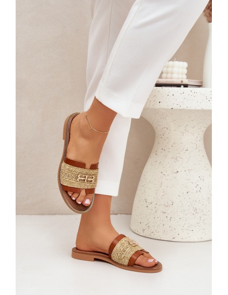 Leather Slippers With Decorative Detail And Braiding Brown Zazoo 40426