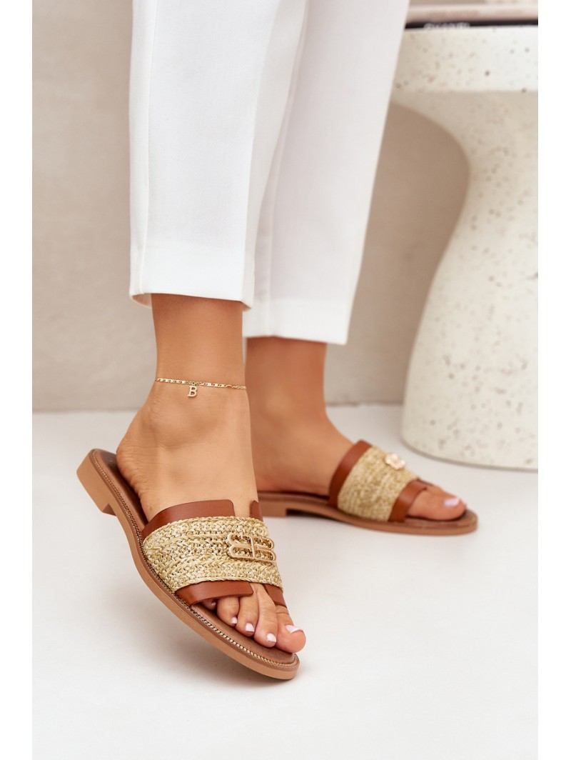 Leather Slippers With Decorative Detail And Braiding Brown Zazoo 40426