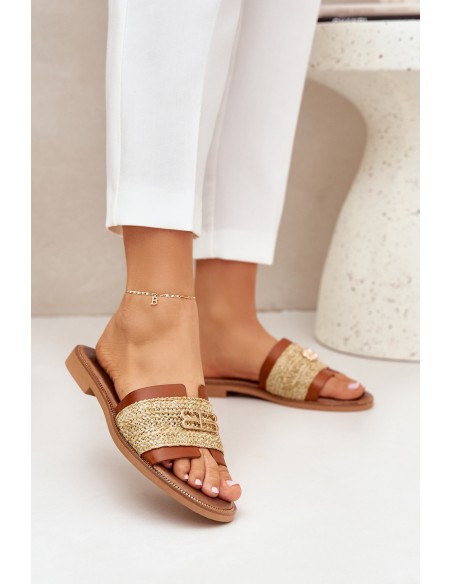 Leather Slippers With Decorative Detail And Braiding Brown Zazoo 40426