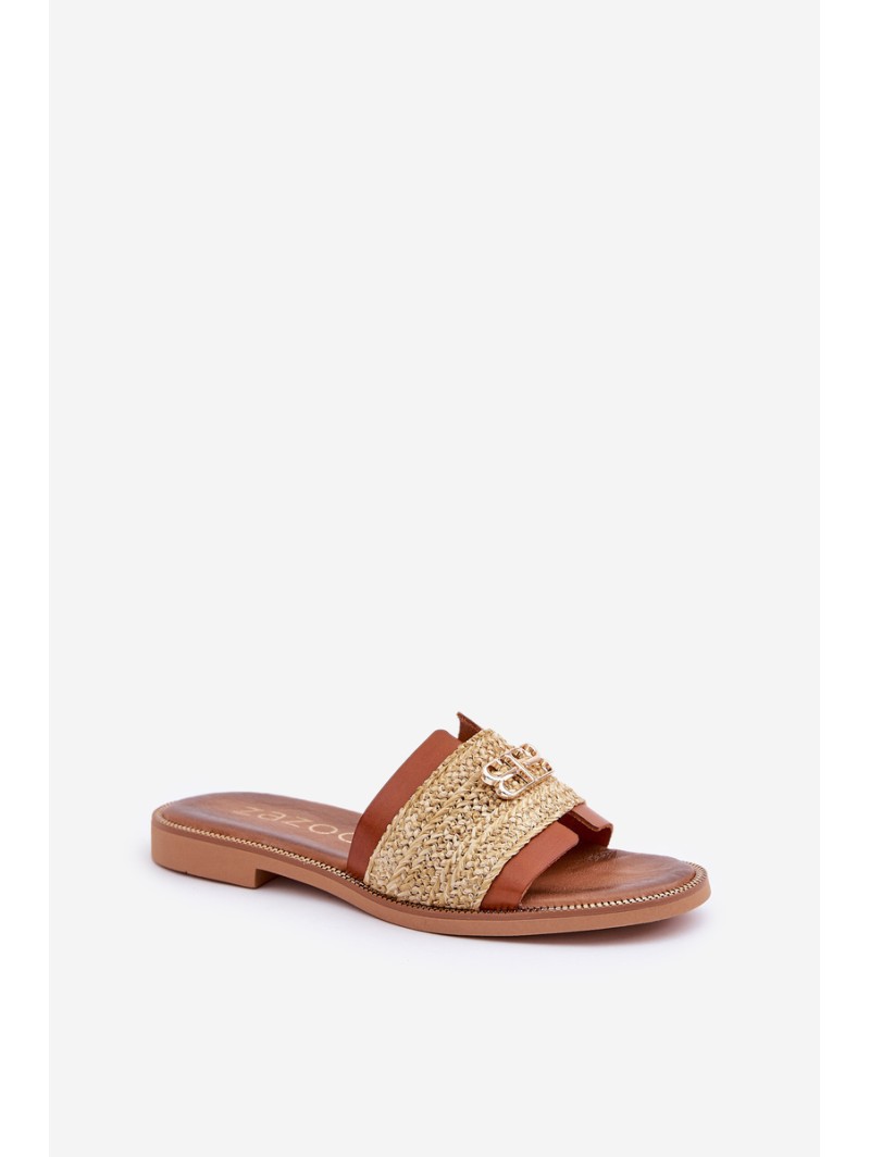 Leather Slippers With Decorative Detail And Braiding Brown Zazoo 40426