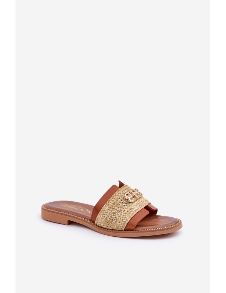 Leather Slippers With Decorative Detail And Braiding Brown Zazoo 40426