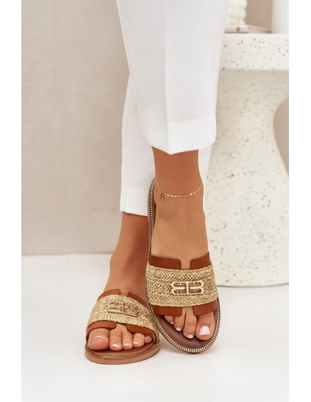 Leather Slippers With Decorative Detail And Braiding Brown Zazoo 40426