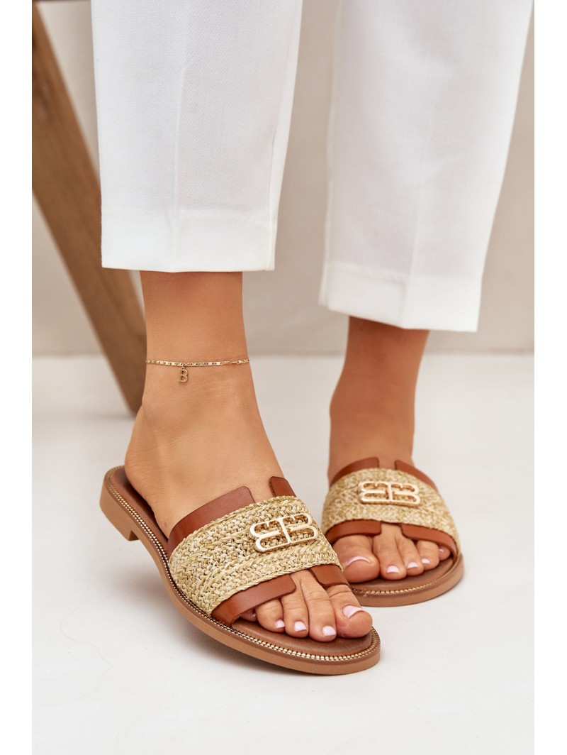 Leather Slippers With Decorative Detail And Braiding Brown Zazoo 40426