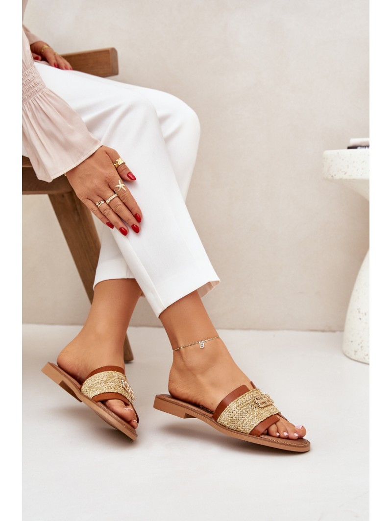 Leather Slippers With Decorative Detail And Braiding Brown Zazoo 40426