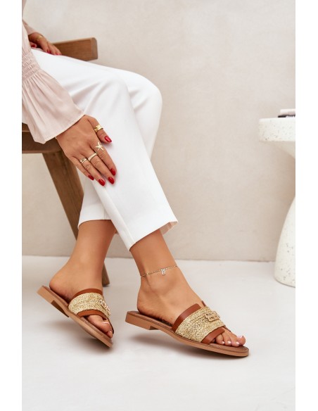 Leather Slippers With Decorative Detail And Braiding Brown Zazoo 40426