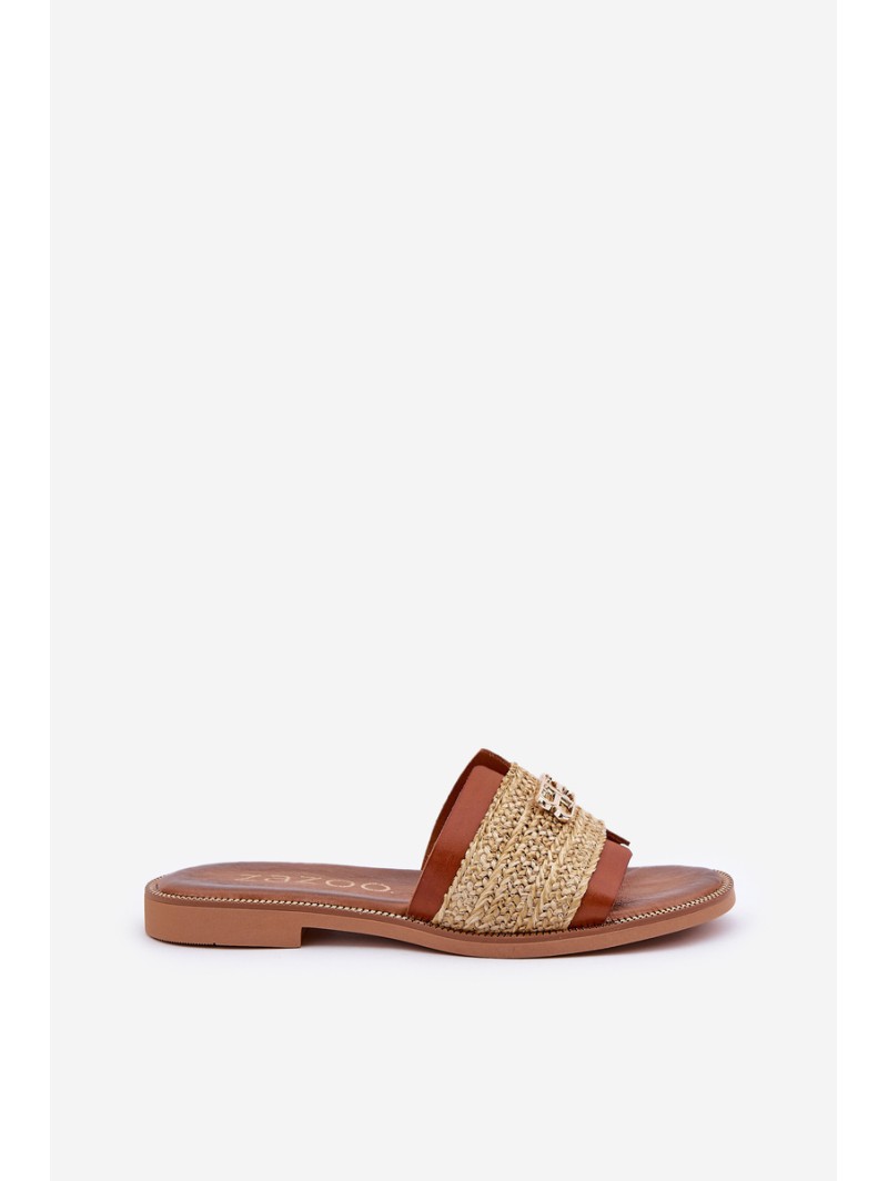 Leather Slippers With Decorative Detail And Braiding Brown Zazoo 40426