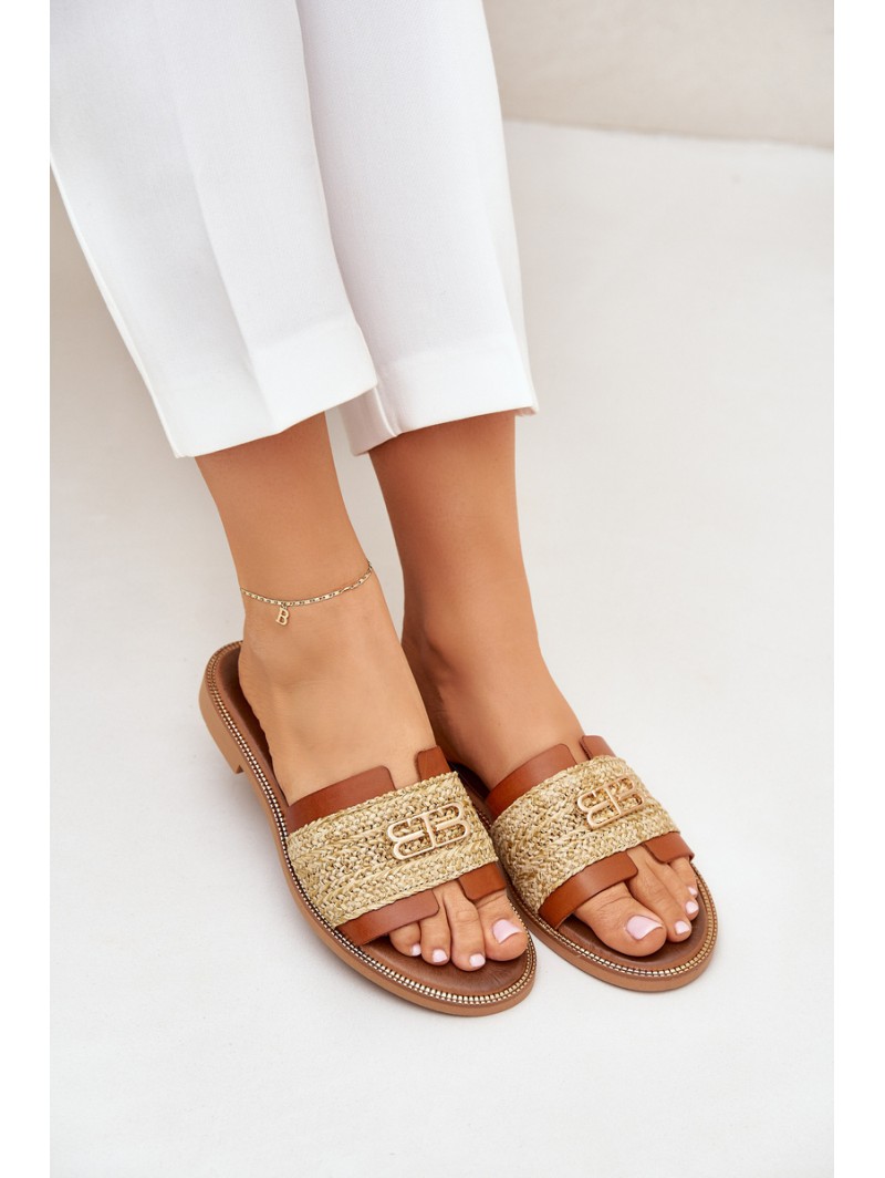 Leather Slippers With Decorative Detail And Braiding Brown Zazoo 40426