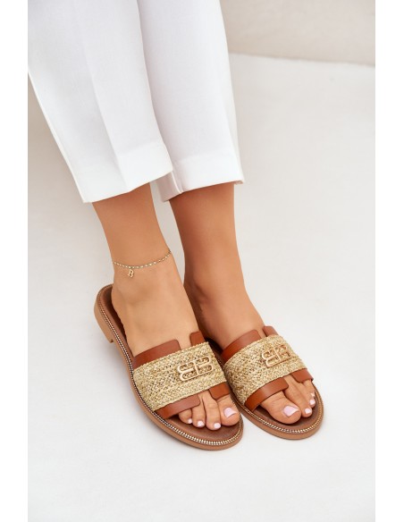 Leather Slippers With Decorative Detail And Braiding Brown Zazoo 40426