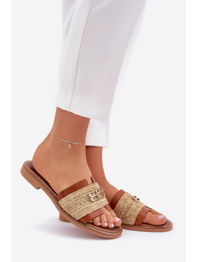 Leather Slippers With Decorative Detail And Braiding Brown Zazoo 40426