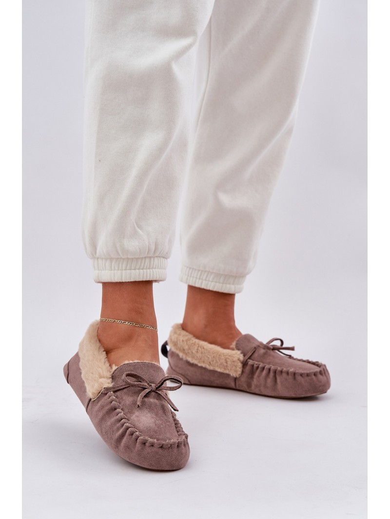 Ladies Moccasins Slippers With Fur Dark Beige Kleogoria