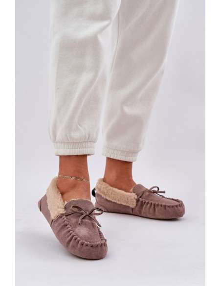 Ladies Moccasins Slippers With Fur Dark Beige Kleogoria
