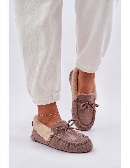 Ladies Moccasins Slippers With Fur Dark Beige Kleogoria