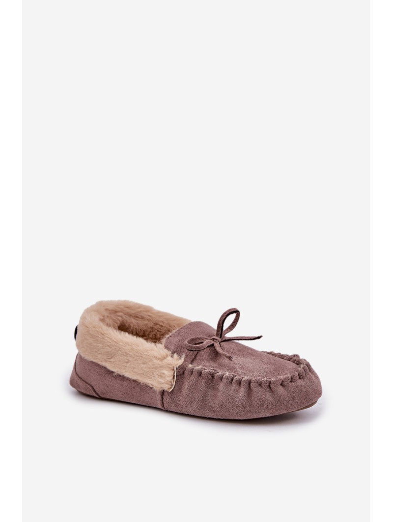 Ladies Moccasins Slippers With Fur Dark Beige Kleogoria