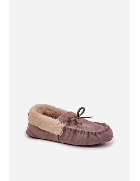 Ladies Moccasins Slippers With Fur Dark Beige Kleogoria