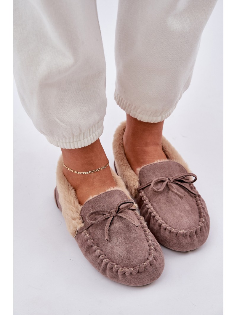 Ladies Moccasins Slippers With Fur Dark Beige Kleogoria