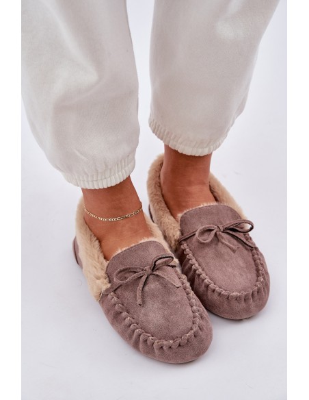 Ladies Moccasins Slippers With Fur Dark Beige Kleogoria