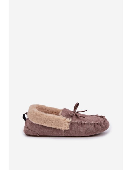 Ladies Moccasins Slippers With Fur Dark Beige Kleogoria