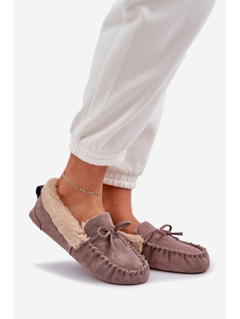 Ladies Moccasins Slippers With Fur Dark Beige Kleogoria