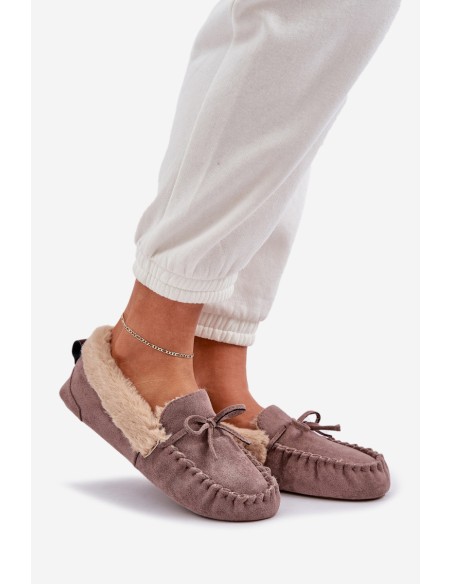 Ladies Moccasins Slippers With Fur Dark Beige Kleogoria