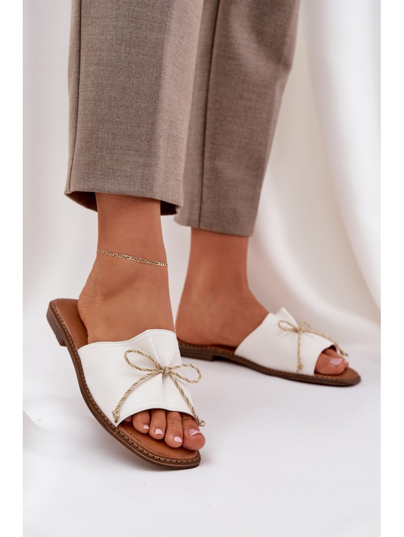 Flat Sole Slippers With Decorative Bow White Deonelis