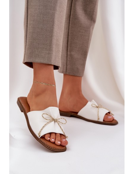 Flat Sole Slippers With Decorative Bow White Deonelis