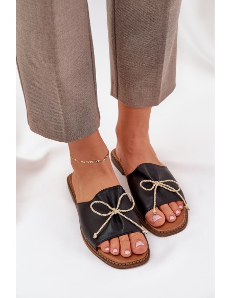Flat Sole Sandals With Decorative Bow Black Deonelis