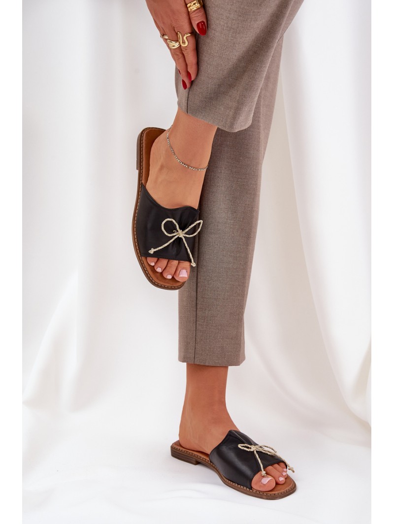 Flat Sole Sandals With Decorative Bow Black Deonelis