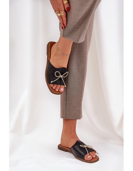 Flat Sole Sandals With Decorative Bow Black Deonelis